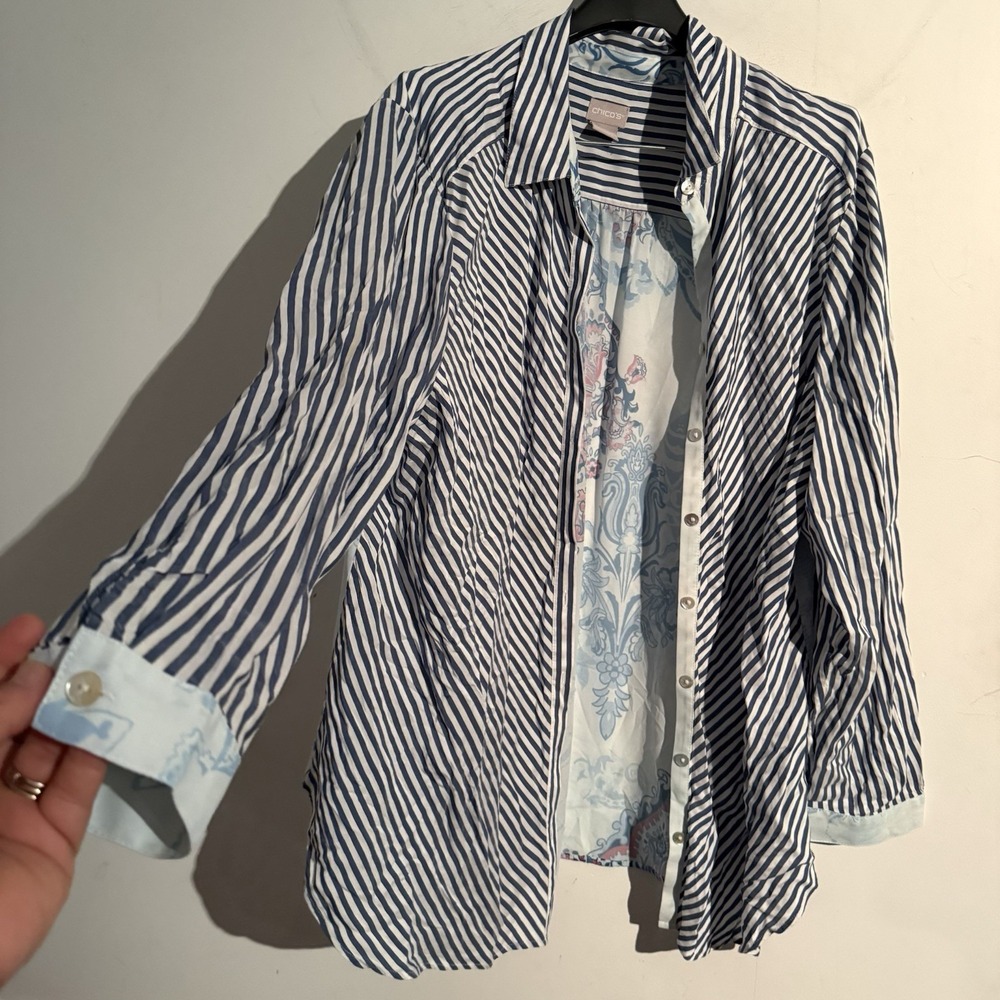 Chico's Button‎ Up Blue & White Stripe Flower Long Sleeve Tunic Blouse Size 3